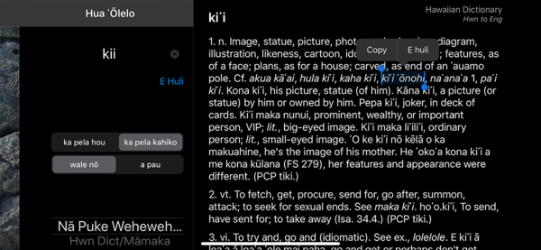 Screenshot of the app with a highlighted phrase and the iOS context menu