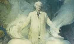 Scientist/engineer in front of two containers of emanating vapors